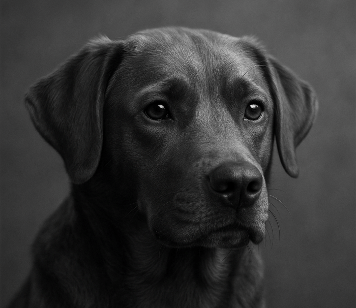 Greyscale portrait of a dog, referencing the myth that dogs see only in black and white
