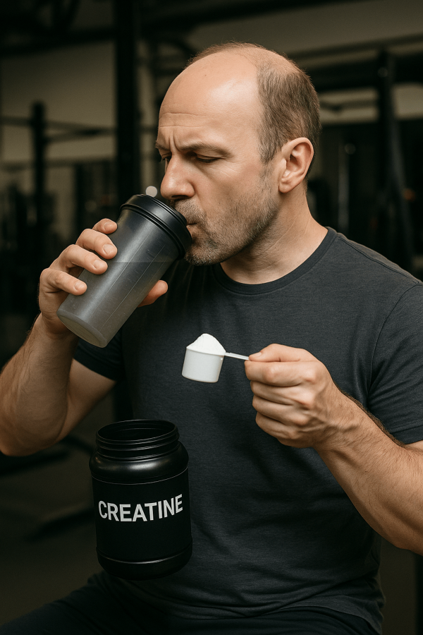 Man checking his hairline in a mirror, illustrating the myth that creatine causes baldness