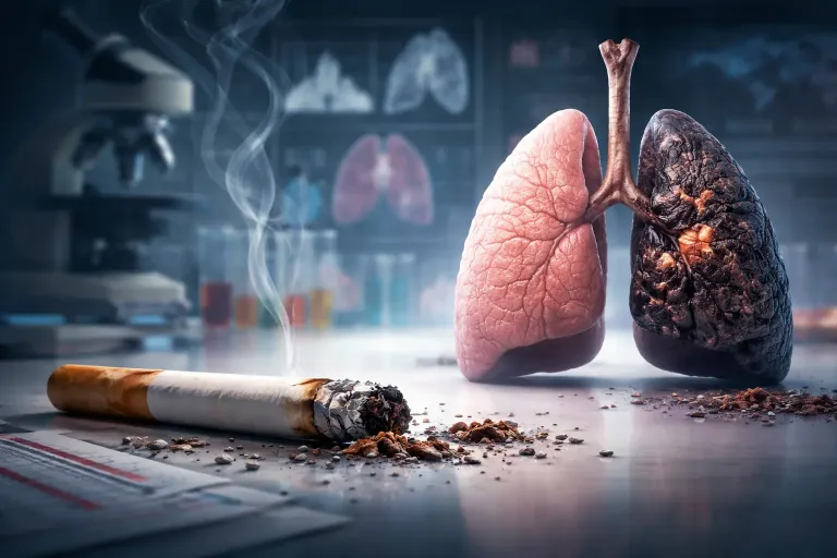 Cigarette beside a pair of lungs, representing the link between smoking and lung cancer