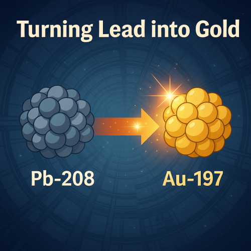 Lead turning into gold inside a particle accelerator, illustrating the CERN experiment