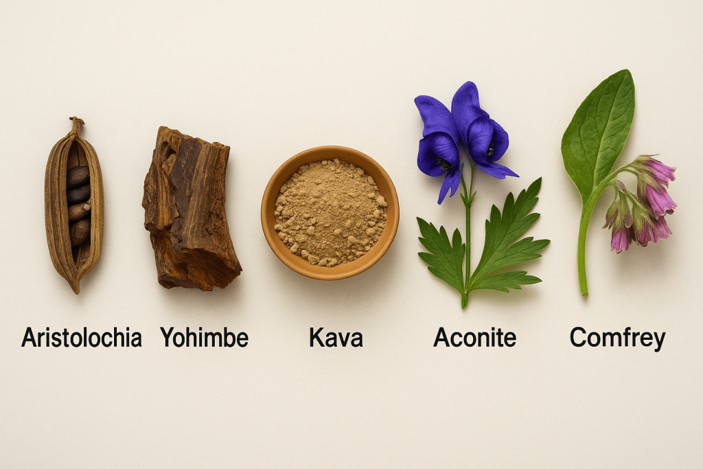 Toxic plants used in herbal remedies, such as comfrey and aconite (monkshood)