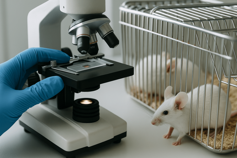 Scientist examining cell cultures in a laboratory, contrasting lab results with results in humans