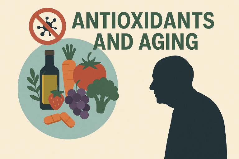 Antioxidant-rich berries and supplements, illustrating claims that antioxidants slow ageing