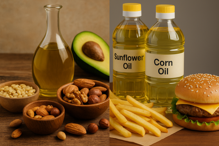 Bottles of seed oils beside the seeds they are pressed from