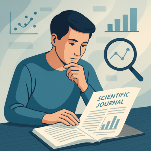 Person reading a scientific research paper with a magnifying glass