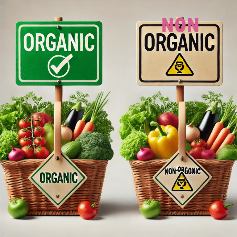 Basket of fresh organic vegetables beside conventionally grown produce, comparing organic and non-organic food