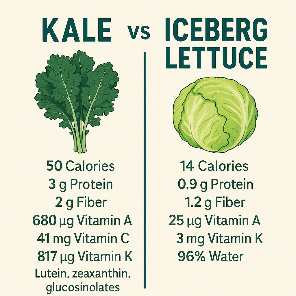 Side-by-side comparison of key nutrients in 100 g of kale and iceberg lettuce