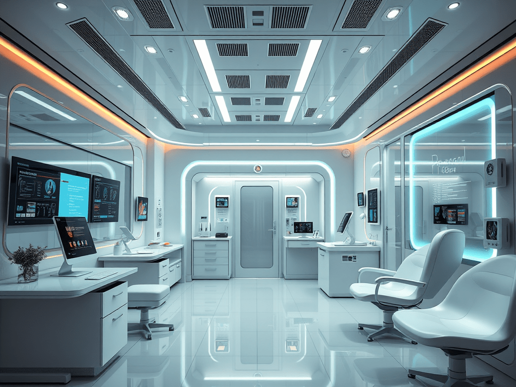 Futuristic doctor's office where AI supports a physician during a patient visit