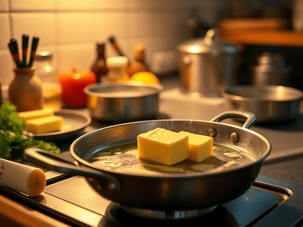 Butter melting in a frying pan
