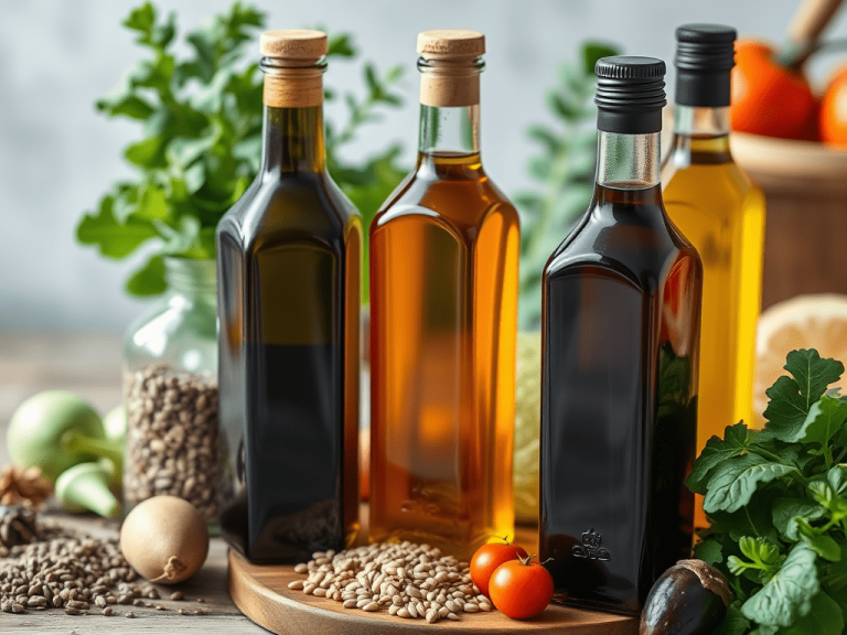 Bottles of seed oils such as canola and sunflower oil on a kitchen counter