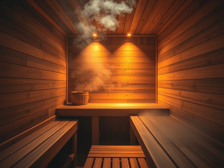 Person relaxing on a wooden bench inside a traditional sauna