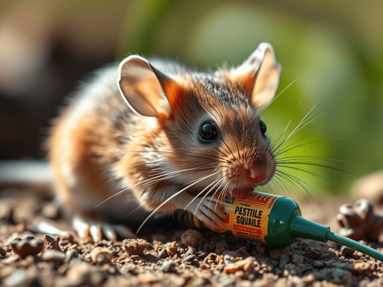 Illustration of a lab mouse eating food sprayed with pesticide