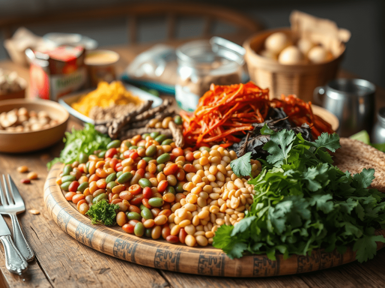 Plate of traditional African Heritage Diet foods such as beans, leafy greens and whole grains
