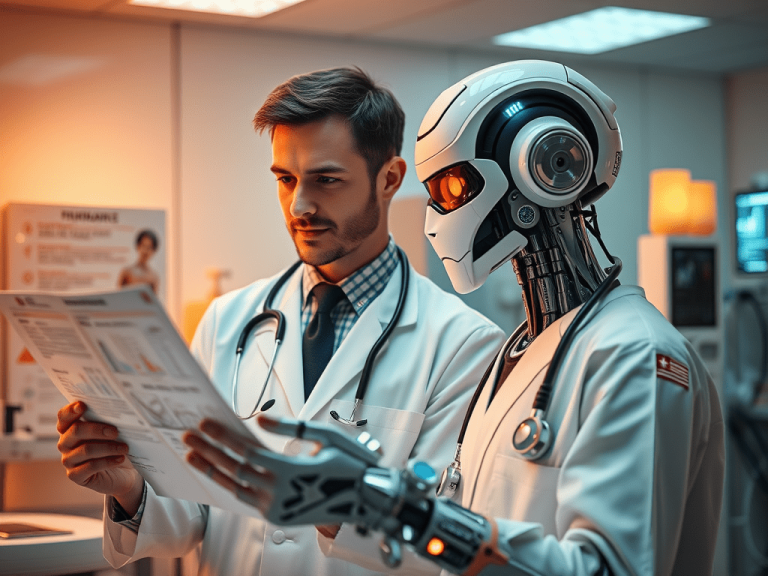 Doctor working alongside an AI system on a digital screen