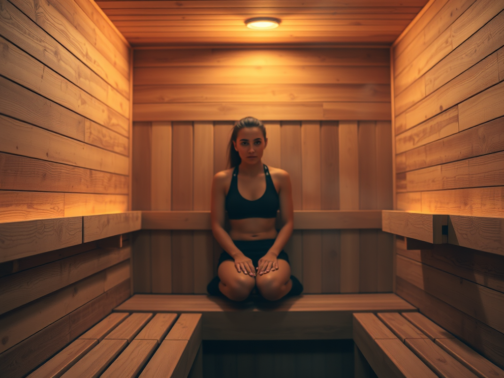 Female athlete sitting in a sauna
