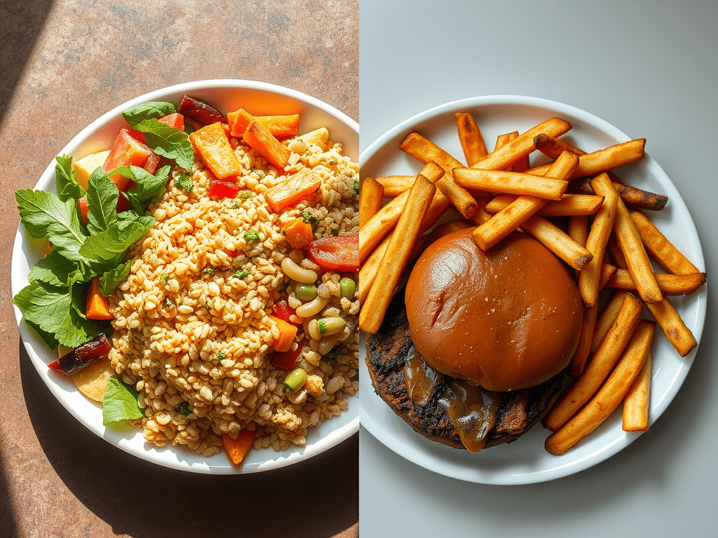 Two plates compared: a traditional African diet meal beside a Western-style processed meal