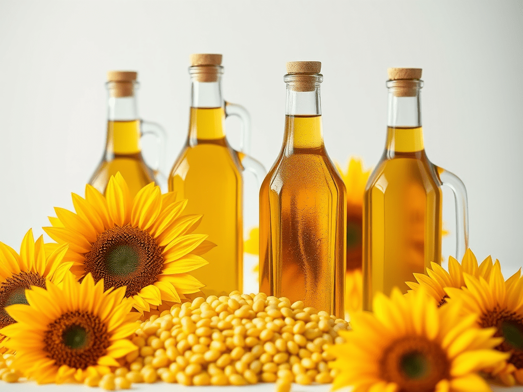 Bottle of sunflower oil beside sunflower seeds, a rich source of linoleic acid
